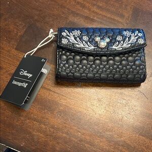 NWT Disney Loungefly Black Embossed Mickey Mouse Floral Trifold Wallet